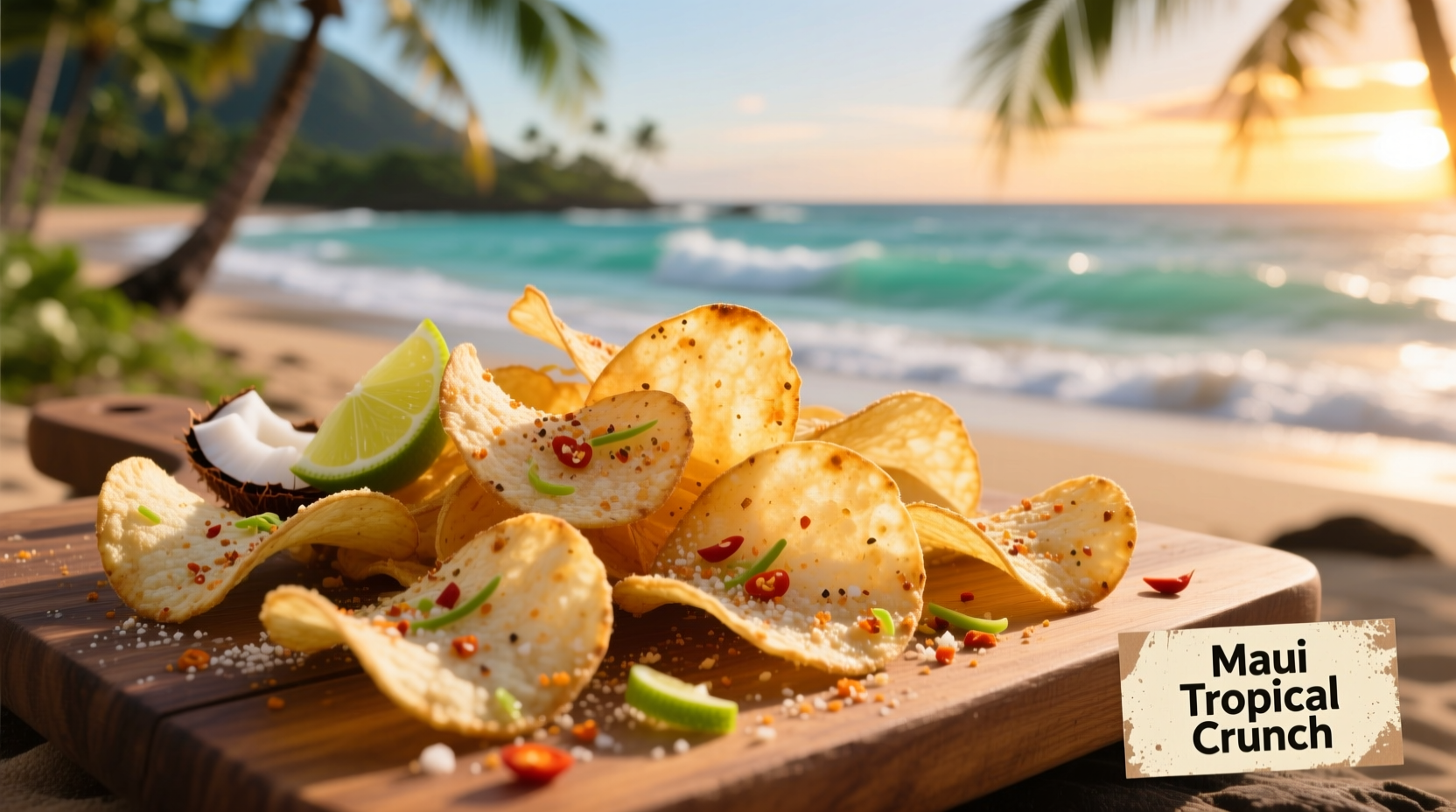 Thin crispy Maui potato chips with tropical seasoning