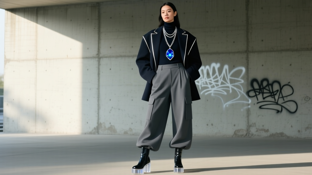 Woman wearing layered sapphire pendant and silver chain over dark turtleneck sweater, showcasing fantasy-core streetwear.