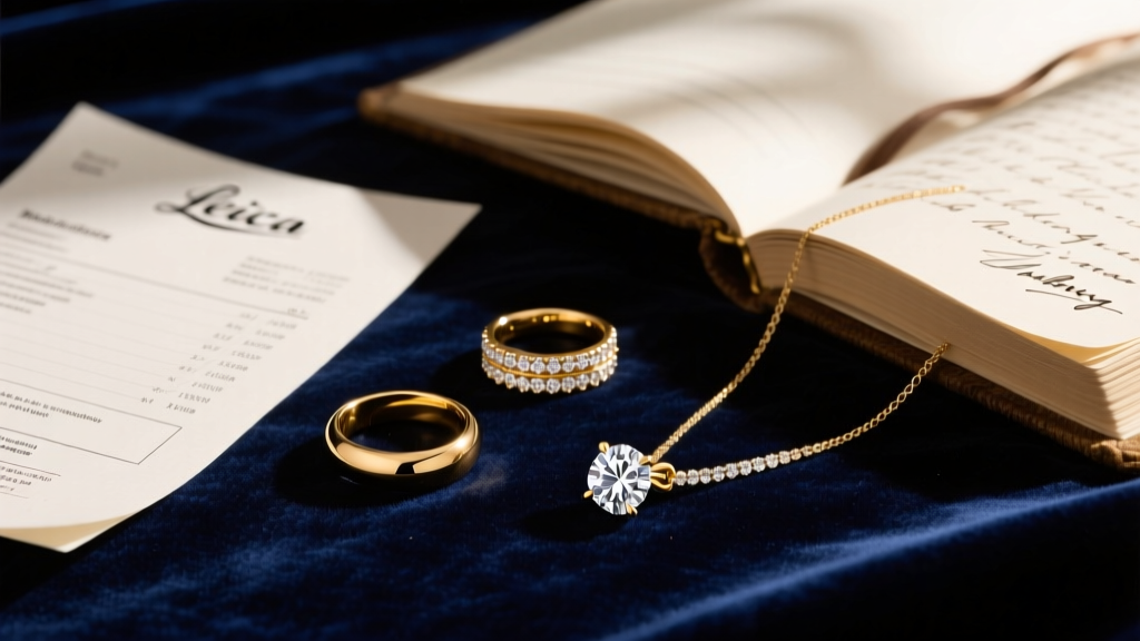 Solid 14k gold rings and diamond pendants on dark velvet, beside a wholesale invoice and jeweler's loupe in soft studio light