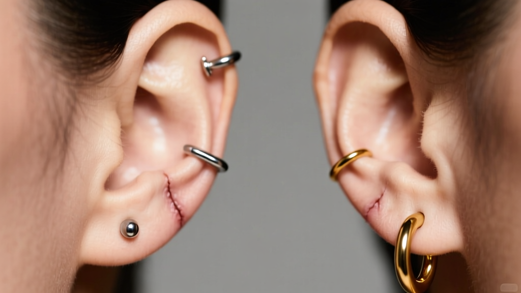Close-up of a healed double lobe piercing featuring a 16-gauge titanium threadless stud and a small 14k gold huggie hoop