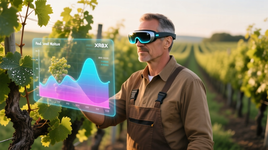 Vineyard manager wearing XREAL AR glasses inspecting grapevines while digital soil moisture overlays appear in the air