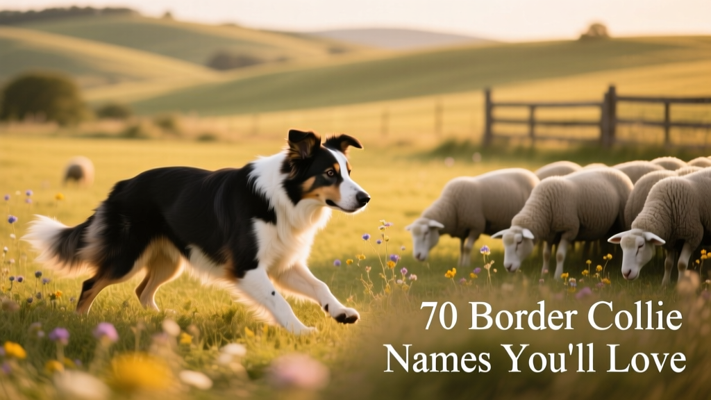 A focused Border Collie mid-herding stance—crouched low, eyes locked on a small flock of sheep in a sunlit pasture