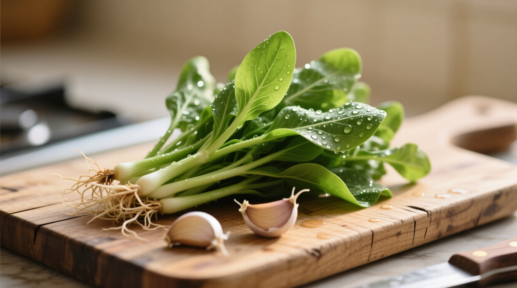 Fresh garlic greens on wooden cutting board