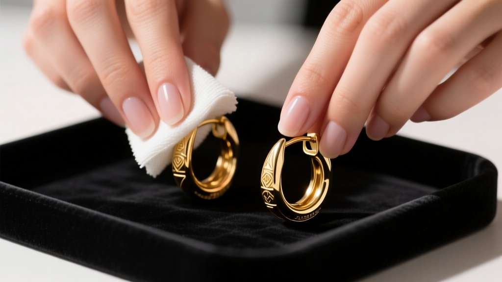 Close-up of hands using a microfiber cloth and 70% alcohol to gently wipe 14k solid gold hoop earrings on a dark velvet tray.