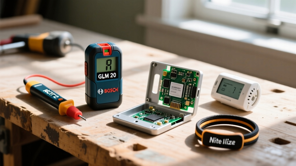 Wooden workbench flat-lay showing Bosch GLM 20 laser measure, Klein NCVT-2 tester, and Nite Ize Gear Ties beside a disassembled smart thermostat.