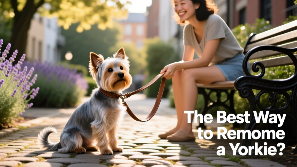 A gentle, well-groomed Yorkie sitting calmly beside a smiling person holding a leash