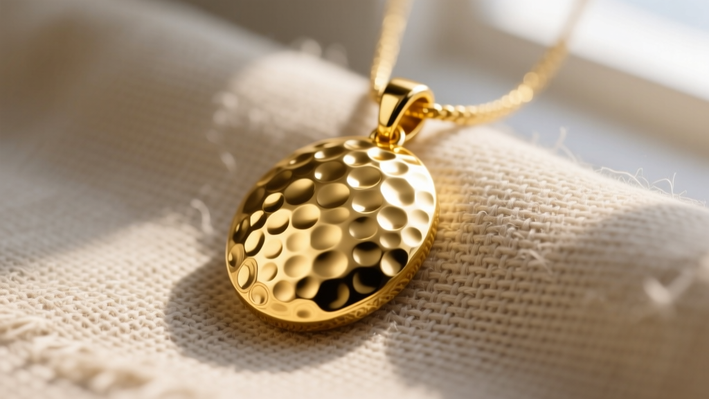Close-up of a 14k yellow gold hammered pendant on raw linen fabric, highlighting the dimpled texture and bright light reflections.