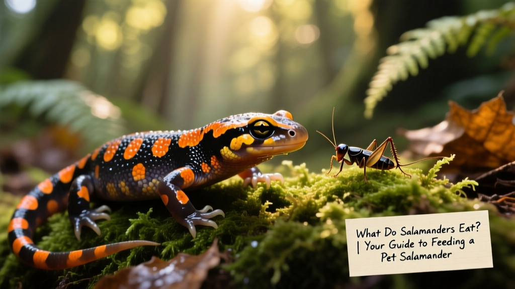 A close-up of a vibrant tiger salamander perched on moist moss, head tilted toward a nearby cricket