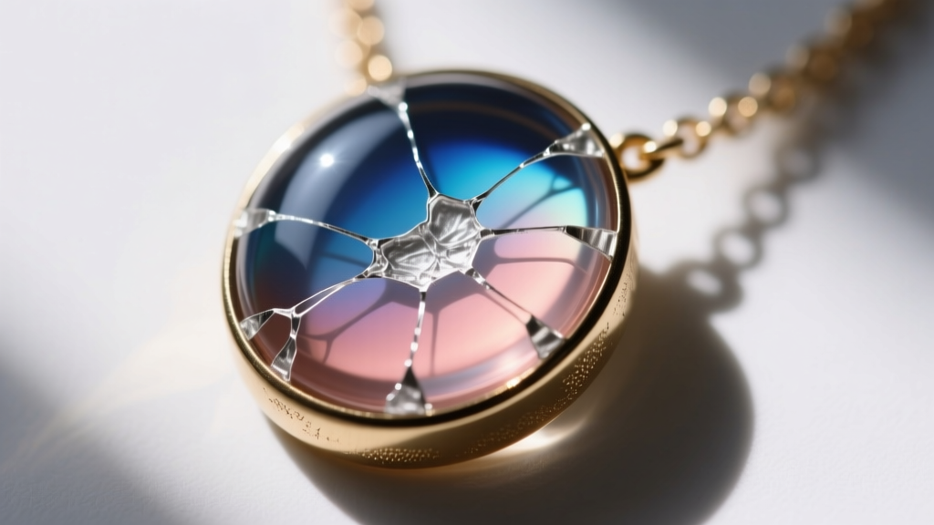 Macro photography of a cracked mood necklace cabochon revealing the layered thermochromic sheet and silver-plated brass backing.