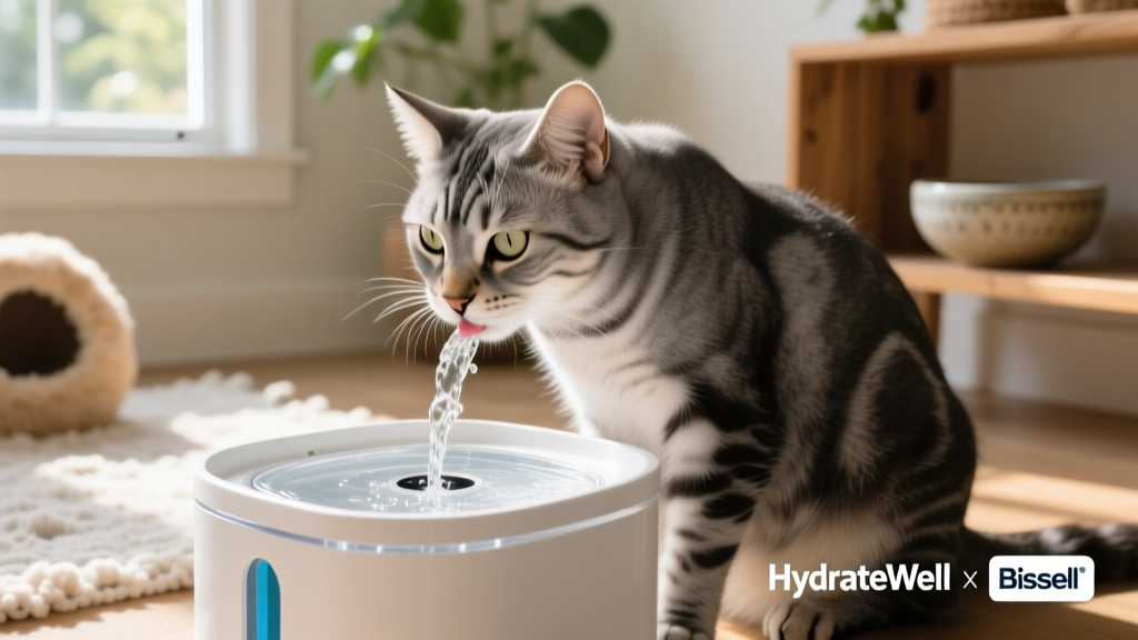 Close-up of a cat drinking from the HydrateWell fountain, highlighting the gentle water flow and clear filtration chamber