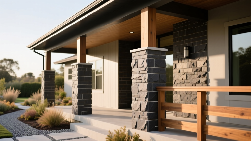 Modern craftsman home exterior featuring Ply Gem Ledgestone manufactured stone veneer in earthy charcoal tones accenting the front porch pillars
