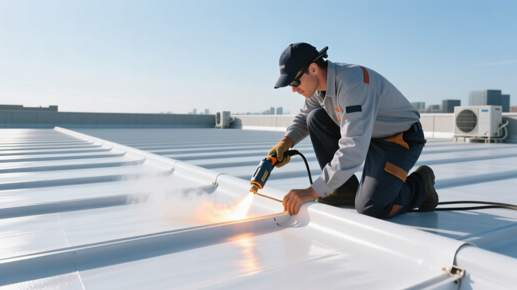 Commercial roofer using a hot air welder to seam white TPO membrane roofing material on a flat commercial building roof under clear skies