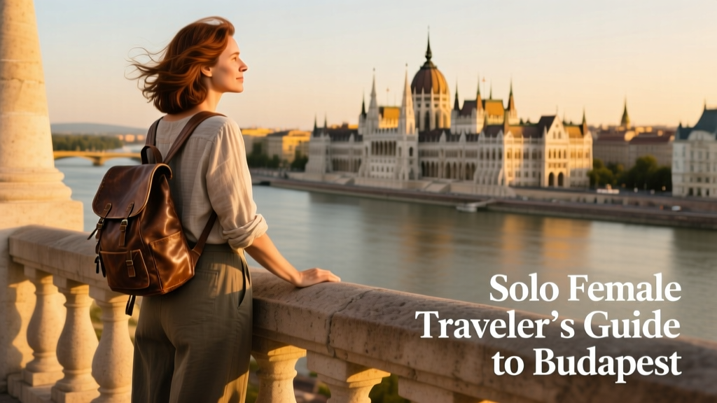 A solo female traveler at the Fisherman's Bastion in Budapest, overlooking the Danube River and Parliament Building