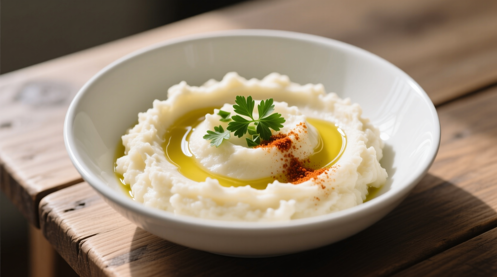 Creamy garlic mashed cauliflower in white bowl