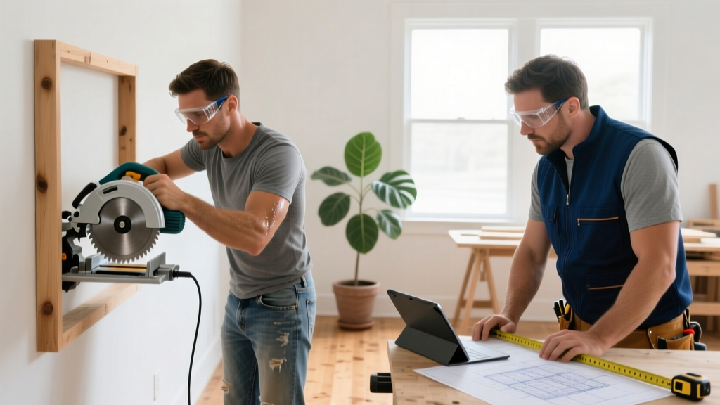 Homeowner framing a wooden wall with a circular saw while a professional contractor reviews blueprints on a tablet nearby