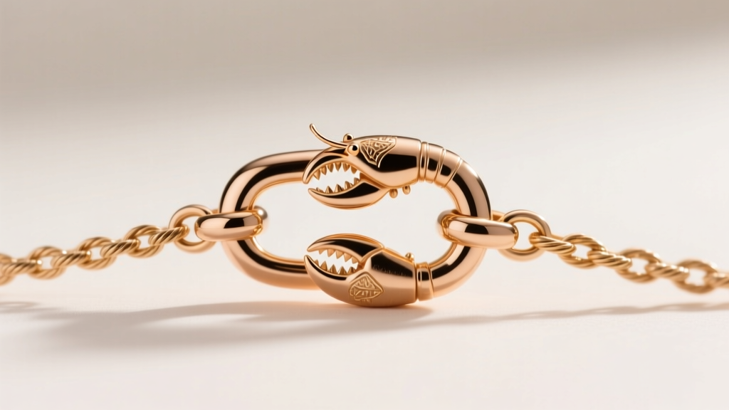 Macro shot of a secure 14k rose gold lobster clasp connecting two ends of a delicate cable chain, showing precise metal detailing.