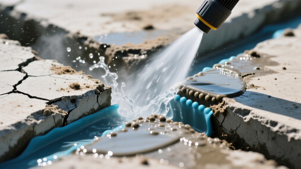 Close-up of a deteriorated concrete expansion joint being cleaned with a high-pressure washer before applying new polyurethane sealant