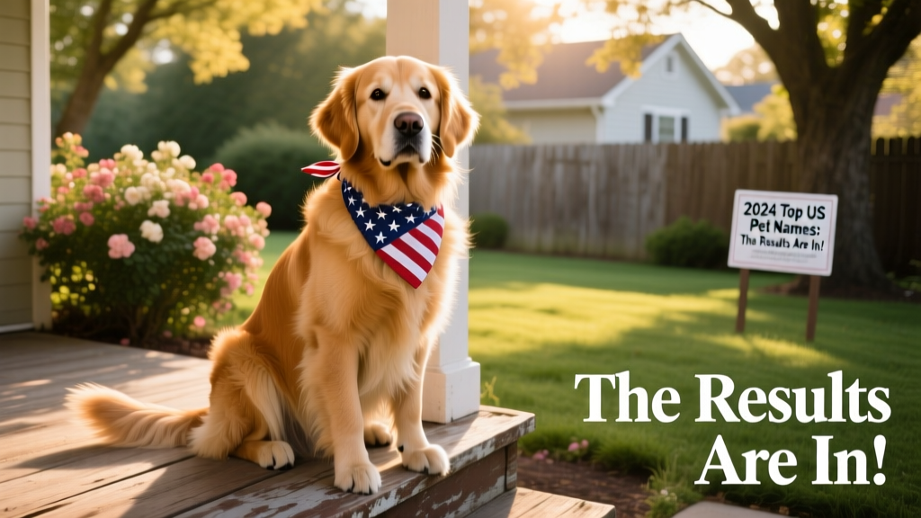 Golden Retriever wearing an American flag bandana, sitting confidently outdoors