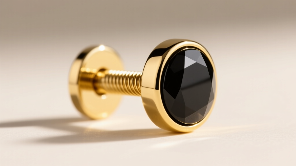 Macro shot of a 16-gauge yellow gold cartilage stud with black onyx, highlighting the internally threaded flat-back post design.