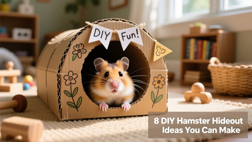 A cheerful hamster peeking out from a handmade cardboard tunnel hideout