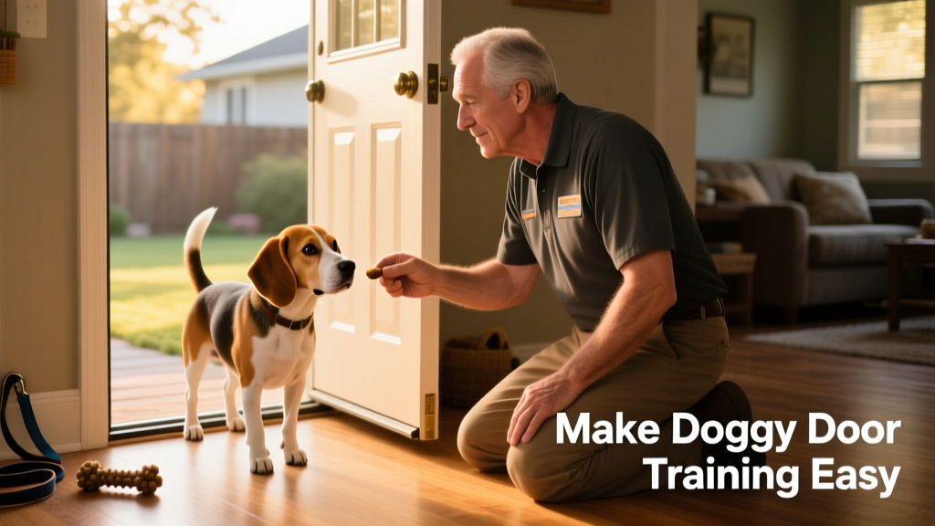 Trainer kneeling beside a hesitant beagle near a pet door, holding a treat just beyond the flap to encourage forward movement