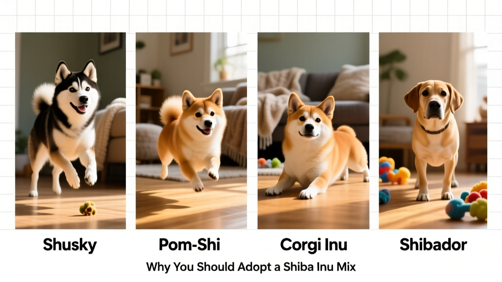 Side-by-side photos of four popular Shiba Inu mixes: Shusky, Pom-Shi, Corgi Inu, and Shibador, each labeled clearly