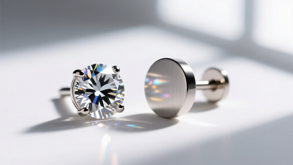 Macro shot comparing a reflective diamond stud earring casting glare next to a light-absorbing brushed titanium stud earring