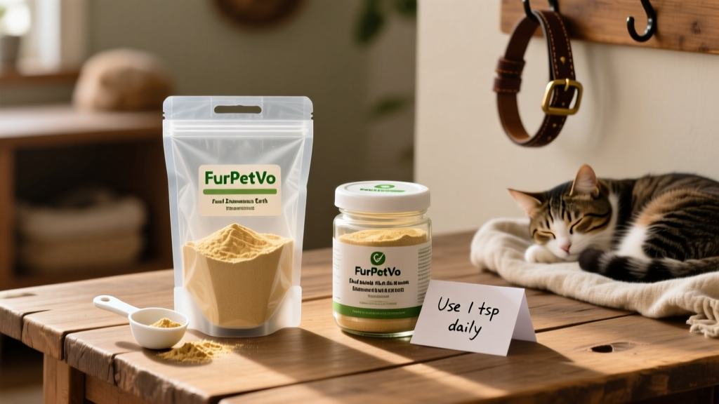 Side-by-side images: FurPetVo food-grade DE powder in a resealable bag and a labeled jar ready for home use