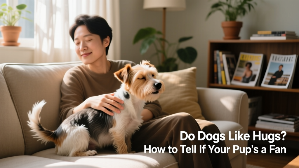 A small terrier leaning comfortably against its owner’s side while sitting on a couch, eyes half-closed and tail gently wagging