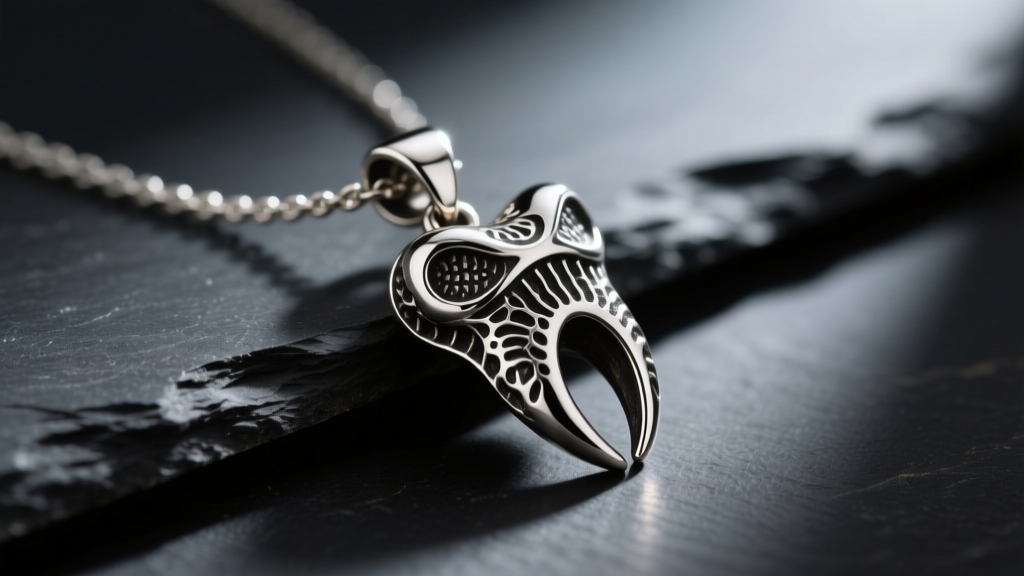 Close-up of a detailed mimic tooth necklace pendant cast in oxidized sterling silver on dark slate with moody, directional lighting.