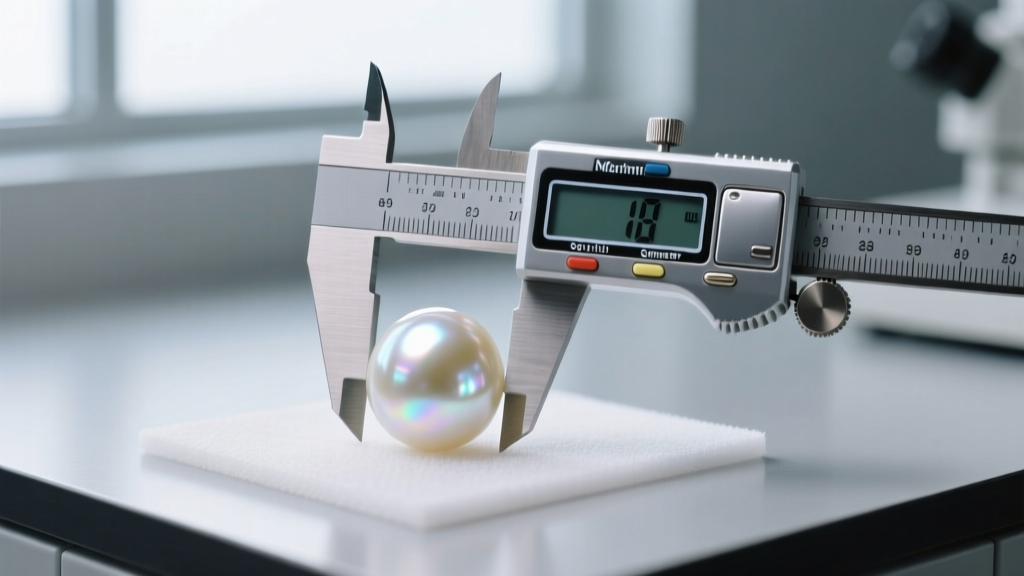 Digital calipers measuring the exact millimeter diameter of a round white South Sea pearl on a professional gemological workbench