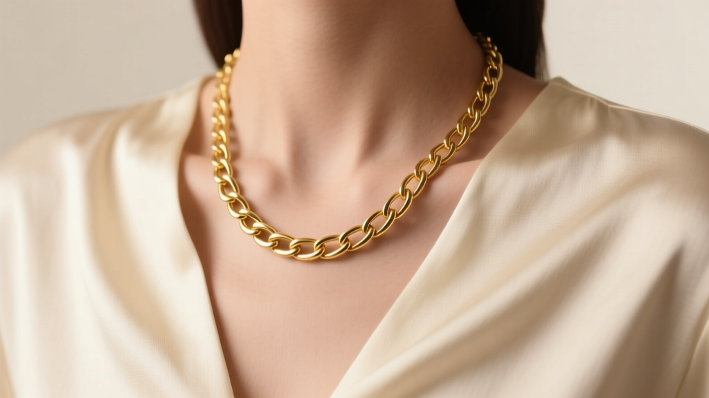 Close-up of a 14k yellow gold 16 inch chain necklace resting on a collarbone against a cream silk blouse, soft studio lighting