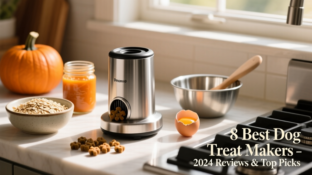 Side view of a compact, stainless-steel dog treat maker on a kitchen counter next to fresh ingredients like oats, pumpkin puree, and eggs
