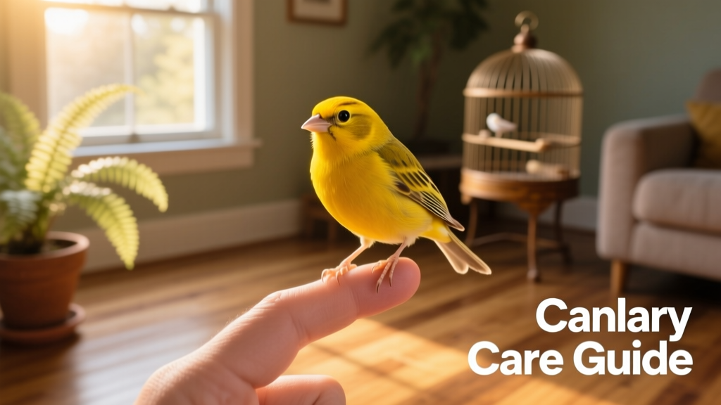 A canary standing calmly on a fingertip, with soft lighting and a blurred background suggesting a quiet, safe indoor environment