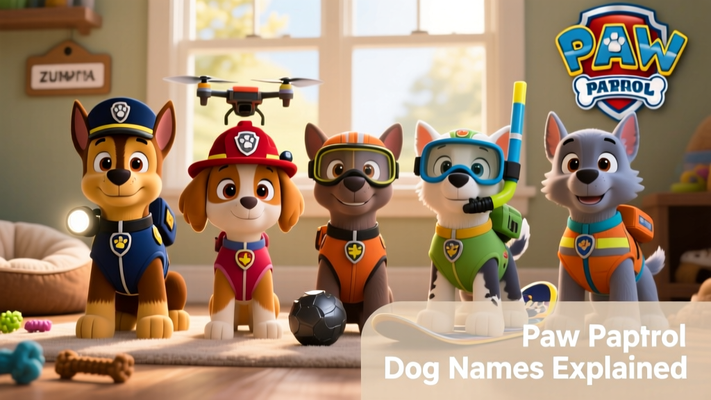 Side-by-side illustrations of each PAW Patrol pup with their signature gear and colors