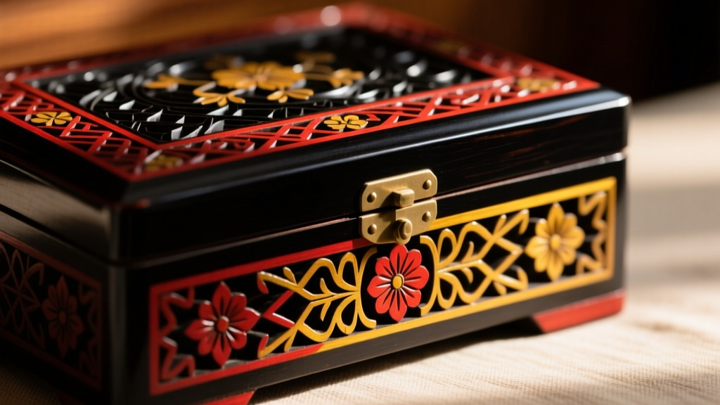 Close-up of Coromandel lacquer showing carved black layers revealing red and yellow underlayers on a vintage wooden box.