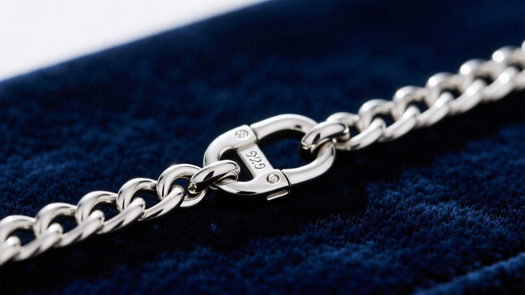 Macro shot of 925 sterling silver rolo chain showing rhodium plating and a secure lobster claw clasp resting on dark navy velvet.