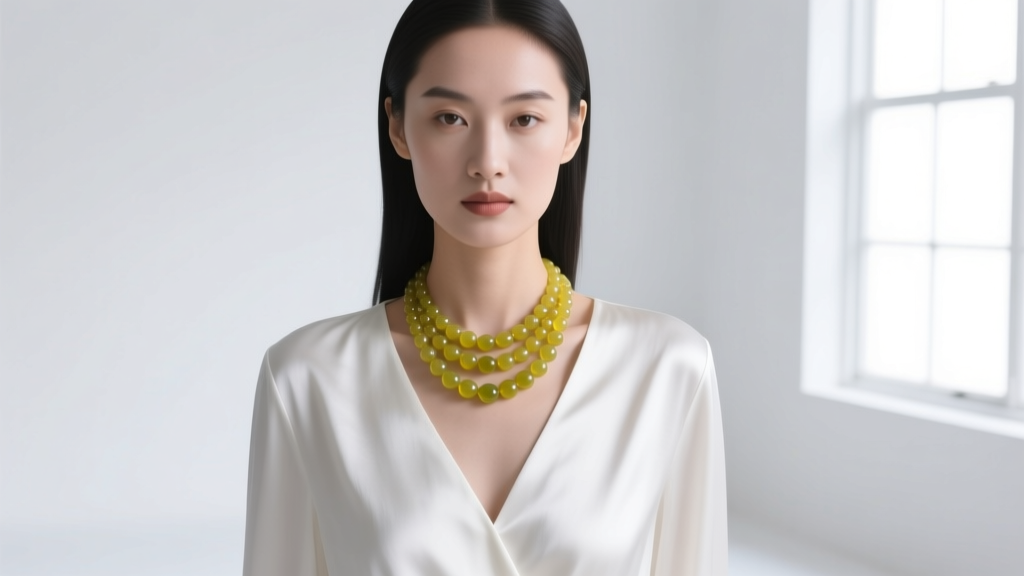 Model in a white V-neck silk blouse wearing a layered yellow jade bead necklace, bright studio lighting, elegant minimalist style.