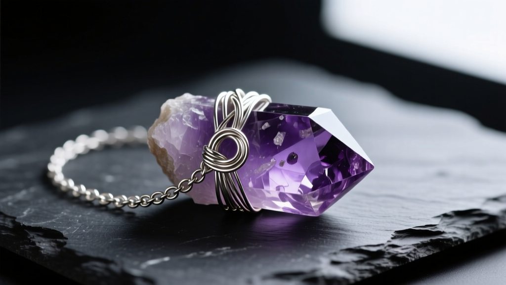 Close-up macro shot of a raw amethyst crystal wire-wrapped to a 20-gauge sterling silver lariat chain resting on dark slate.