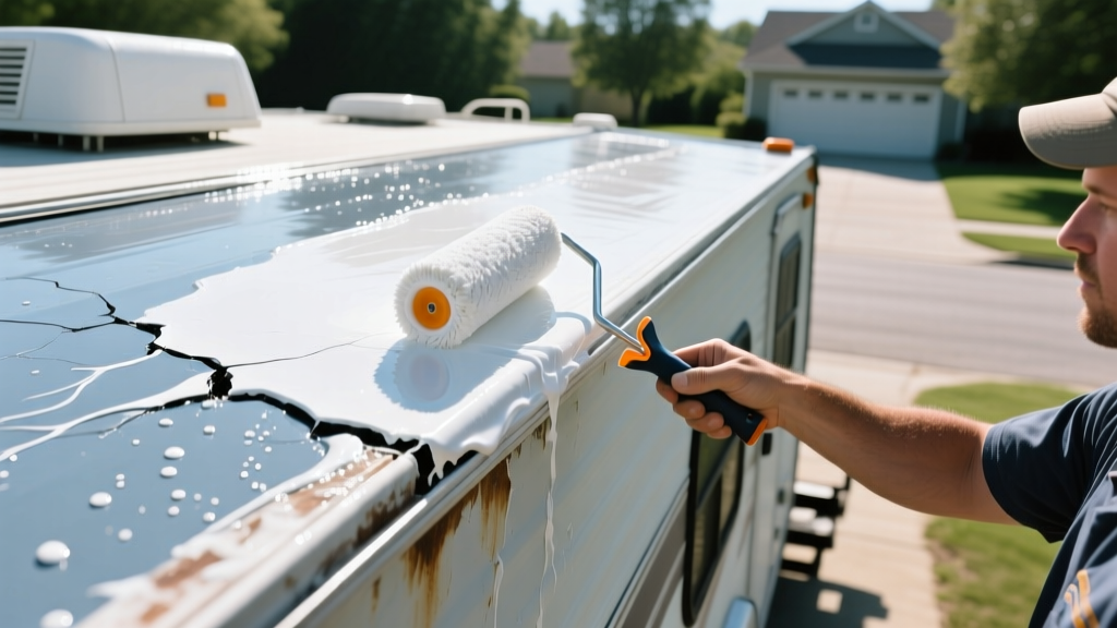 Technician applying white EPDM liquid rubber coating to a cracked RV camper roof seam using a heavy-nap roller in bright sunlight