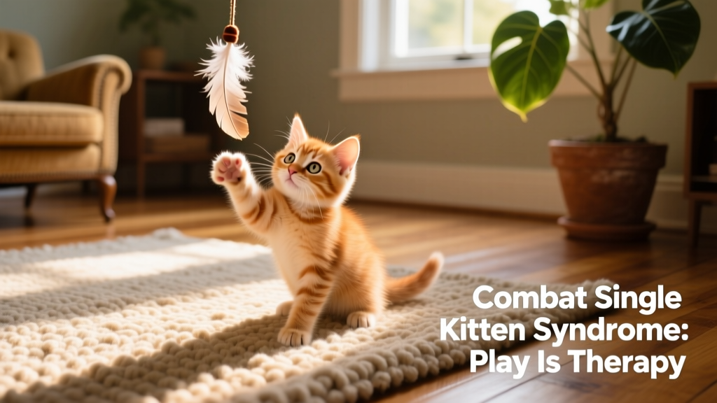 A playful, curious kitten interacting with a toy on a sunlit rug