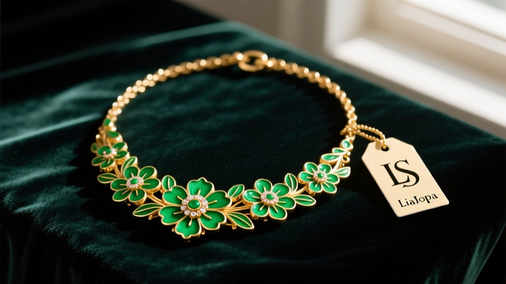 Vintage gold-tone Lia Sophia necklace with vibrant green enamel floral motifs and an LS hang tag resting on dark velvet.