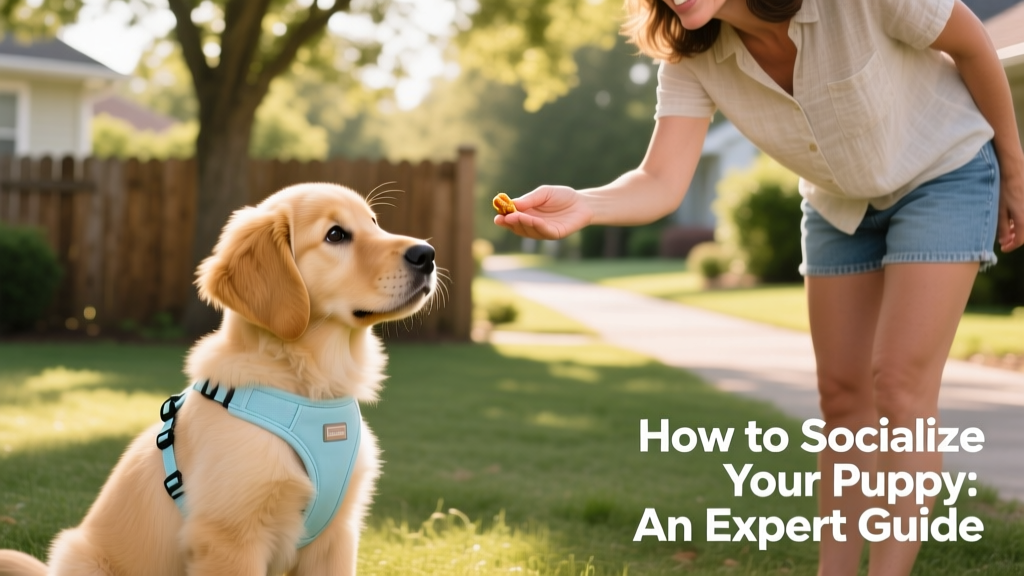 A calm, seated puppy wearing a lightweight harness, looking curiously at a friendly neighbor offering a treat from a safe distance