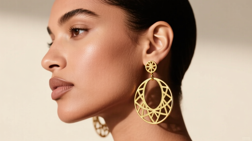 Profile of a model wearing hollow 14k gold oversized statement earrings, showing the earlobe resting naturally without sagging.