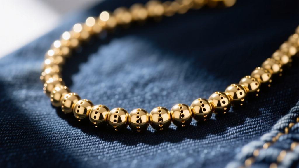Close-up of a 14k gold-filled Morse code necklace with dot and dash beads resting on dark denim in bright natural sunlight