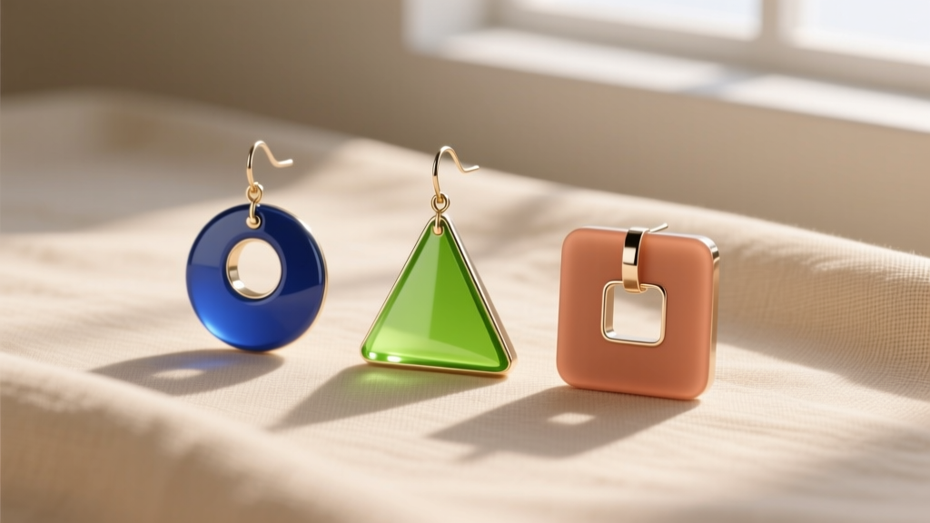 Flat lay of three distinct geometric drop earrings including a circle, triangle, and square, resting on beige linen background.