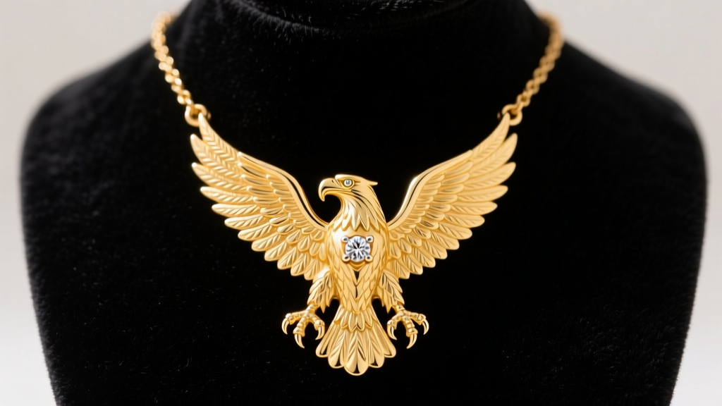 14k gold eagles necklace with a diamond accent on a velvet bust, showcasing the rich yellow gold tone and intricate talon details