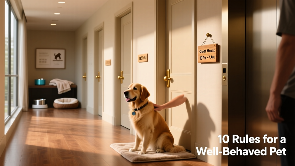 A serene hotel hallway with closed doors, a small 'Quiet Hours: 10 PM–7 AM' sign posted near an elevator