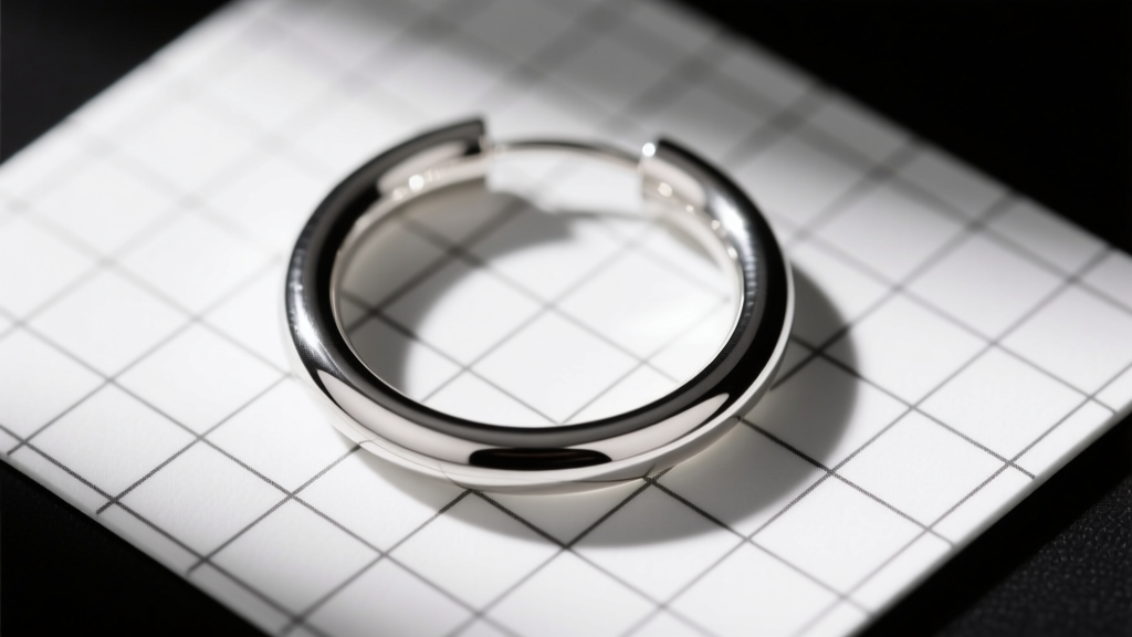 Close-up of a 14-gauge silver continuous hoop earring on a grid mat, emphasizing the 1.6mm wire diameter and seamless joint.