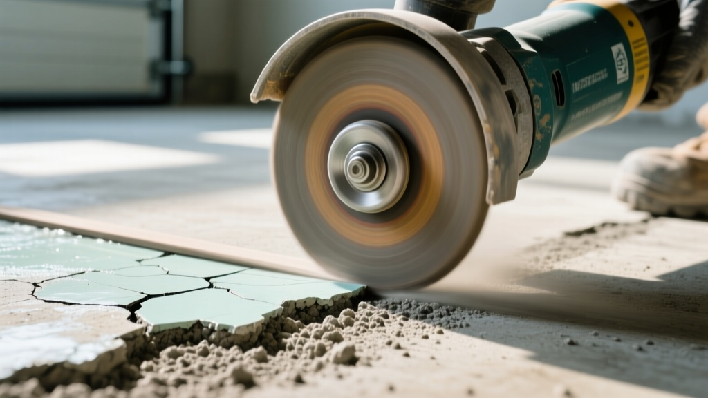 Close-up of a diamond grinder leveling a concrete garage floor, revealing the porous substrate beneath a partially removed old epoxy coating